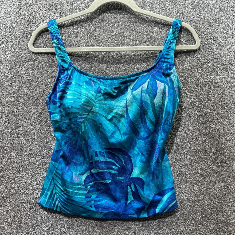 Vintage‎ 90s Mainstream Tankini Swim Top Size 12  Blue Tropical Floral USA Made